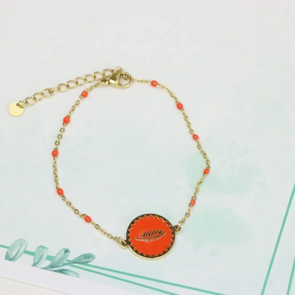 Gold Plated Yellow Bracelet with Orange Leaf Charm, Adjustable Size, XPBL0629